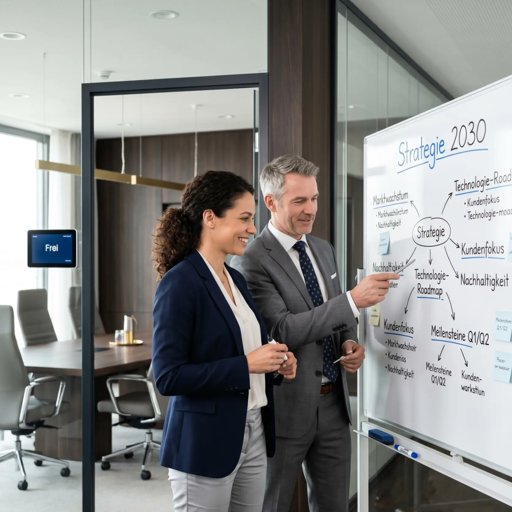 Zwei Führungskräfte besprechen eine Strategie-Roadmap an einem Whiteboard